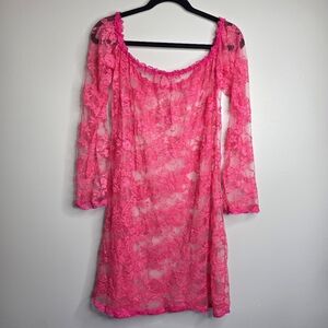 Hot Pink Sheer Floral Lace Off-Shoulder Mini Dress Plus Size 5XL